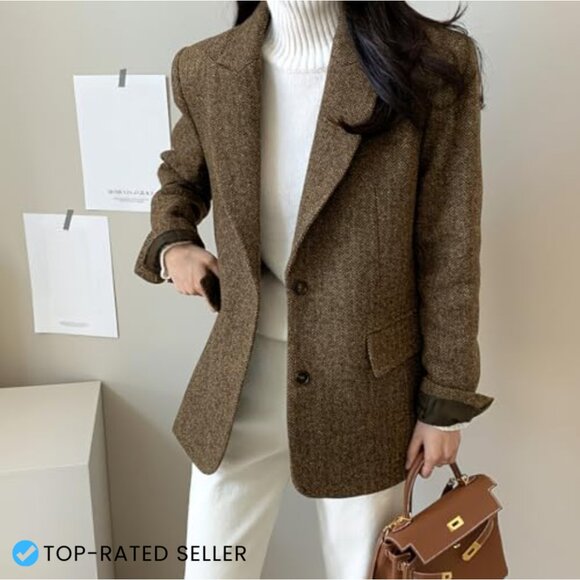 Wool Blend Blazer Classic Elegant Business Casual Work Coat Mid Thigh Length - Picture 4 of 7